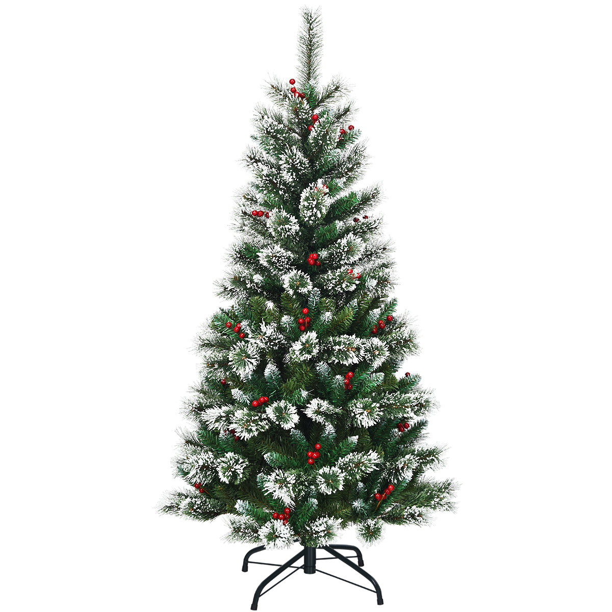 LIVSK Kunstkerstboom 150 cm - Opvouwbaar - 100% PVC - Sneeuwvlokken en Rode Bessen - Duurzaam en Levensecht - Groen + Wit + Rood