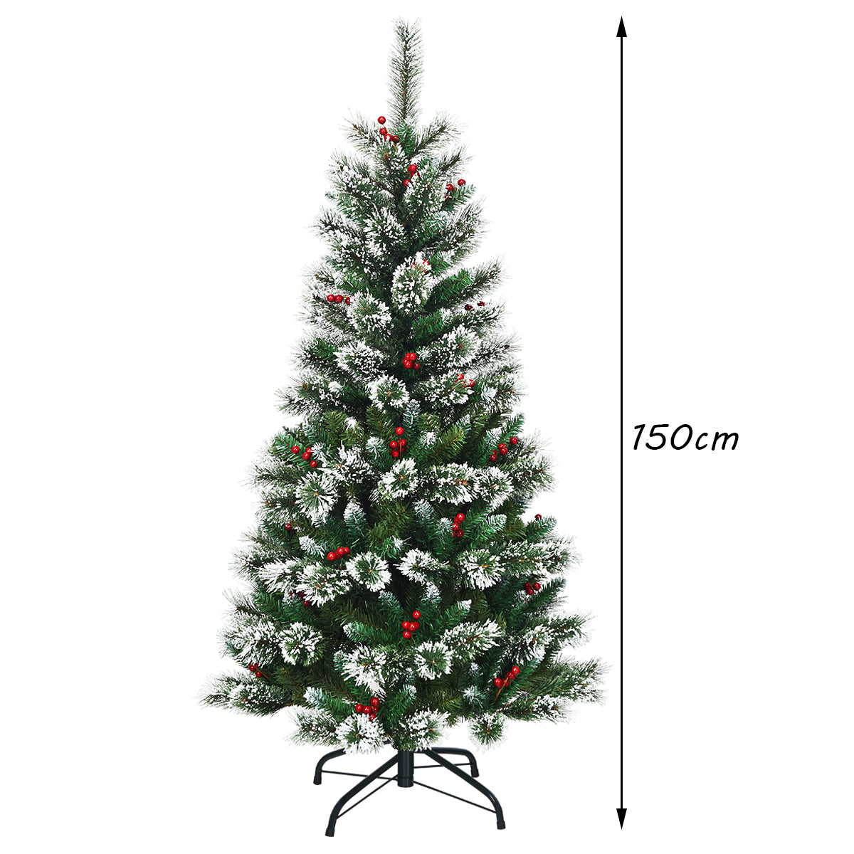 LIVSK Kunstkerstboom 150 cm - Opvouwbaar - 100% PVC - Sneeuwvlokken en Rode Bessen - Duurzaam en Levensecht - Groen + Wit + Rood