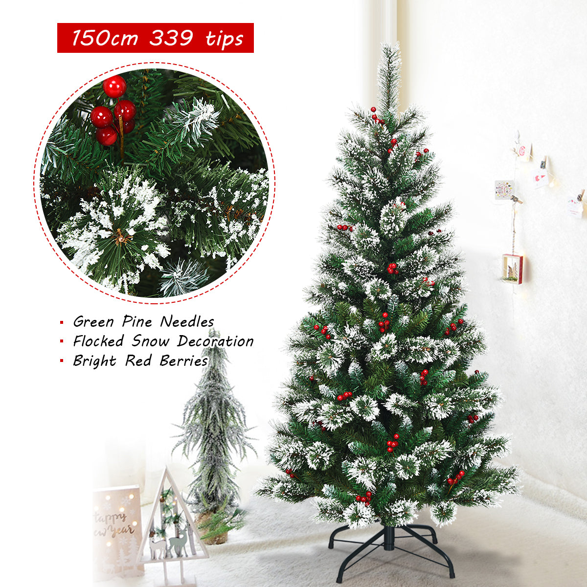 LIVSK Kunstkerstboom 150 cm - Opvouwbaar - 100% PVC - Sneeuwvlokken en Rode Bessen - Duurzaam en Levensecht - Groen + Wit + Rood