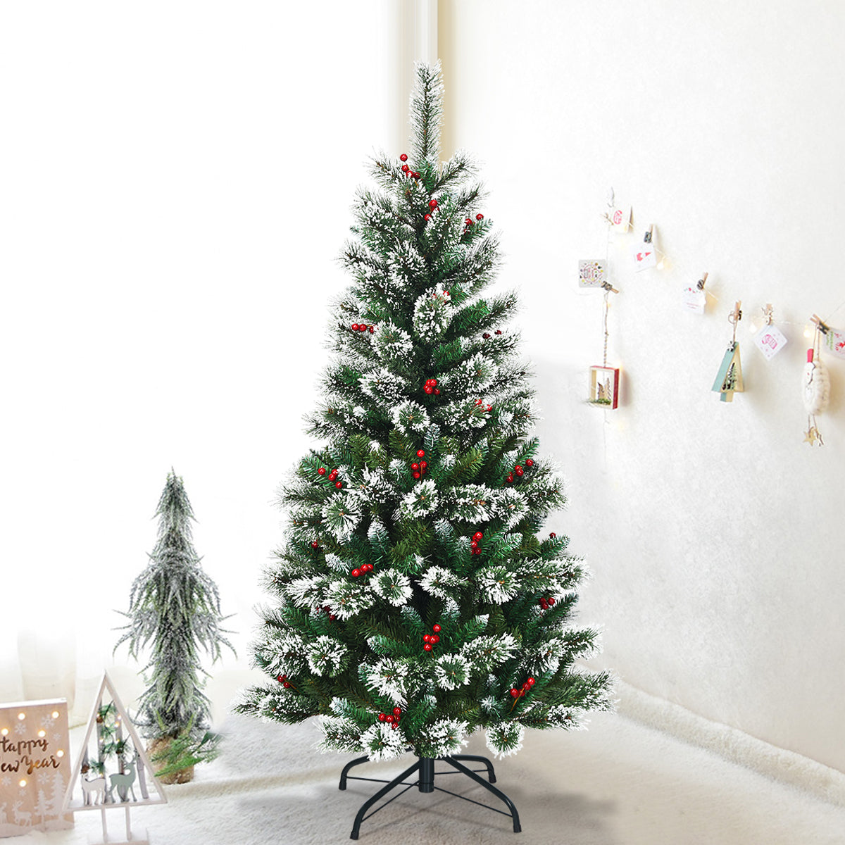 LIVSK Kunstkerstboom 150 cm - Opvouwbaar - 100% PVC - Sneeuwvlokken en Rode Bessen - Duurzaam en Levensecht - Groen + Wit + Rood
