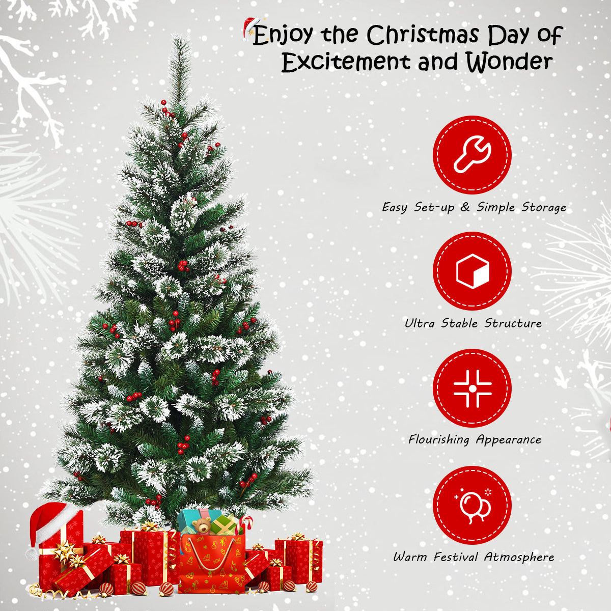 LIVSK Kunstkerstboom 150 cm - Opvouwbaar - 100% PVC - Sneeuwvlokken en Rode Bessen - Duurzaam en Levensecht - Groen + Wit + Rood