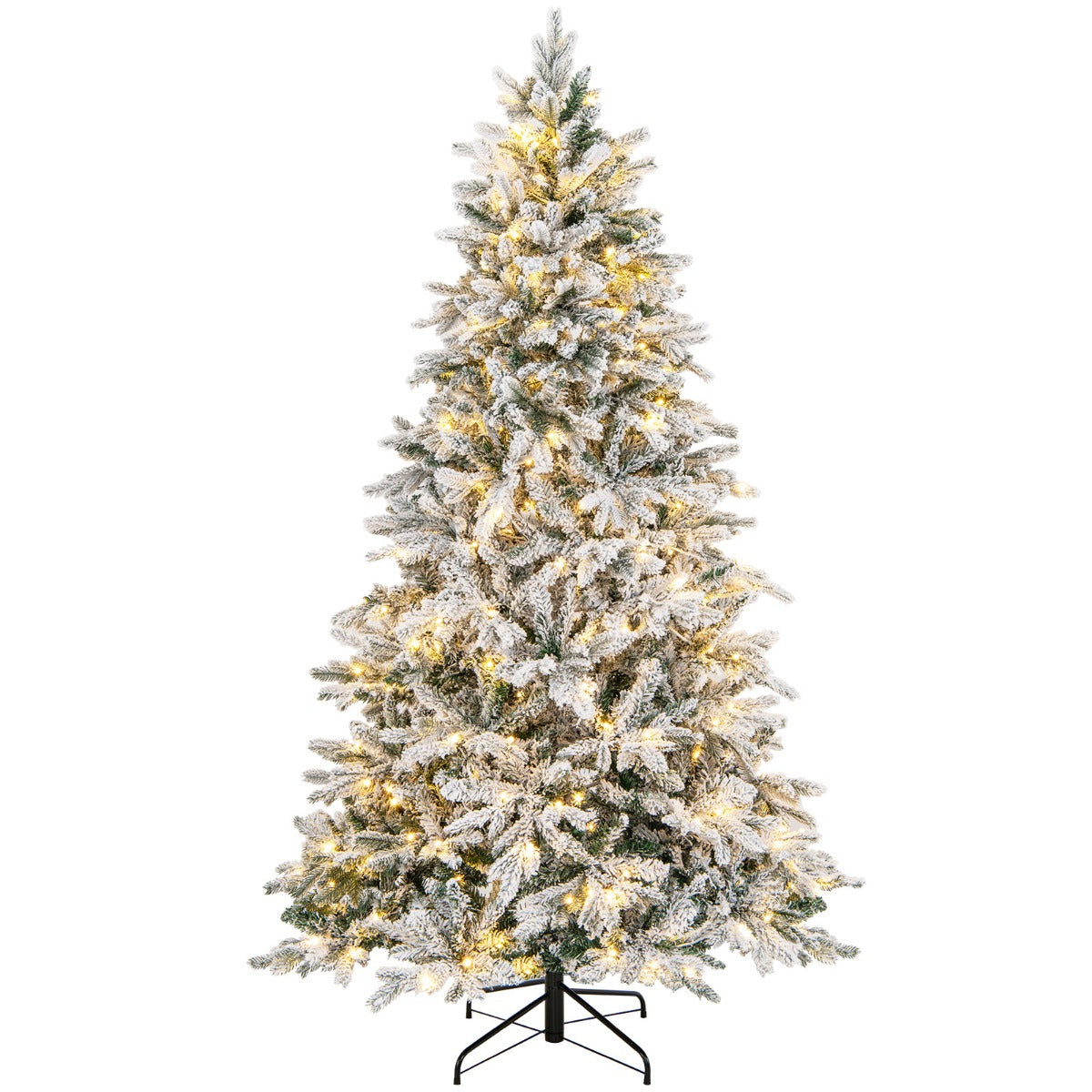 Livsk costway kunstkerstboom 210 cm hoog 1684 takken 300 warmwitte led lampjes geflockt scharnierend voorverlicht