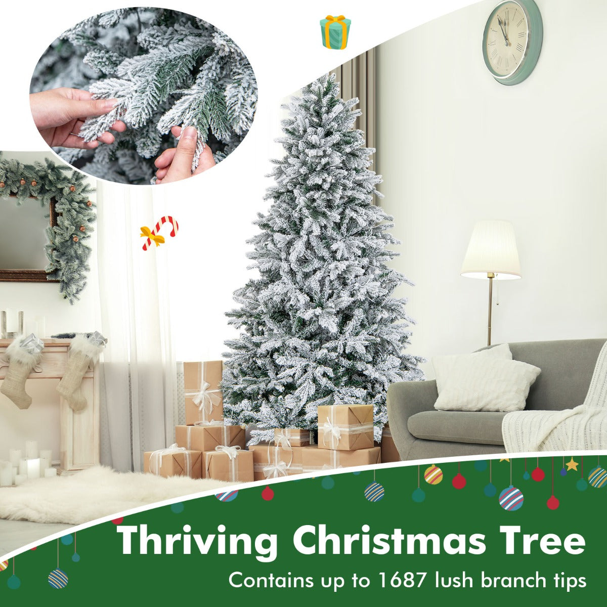 Livsk costway kunstkerstboom 210 cm hoog 1684 takken 300 warmwitte led lampjes geflockt scharnierend voorverlicht 4