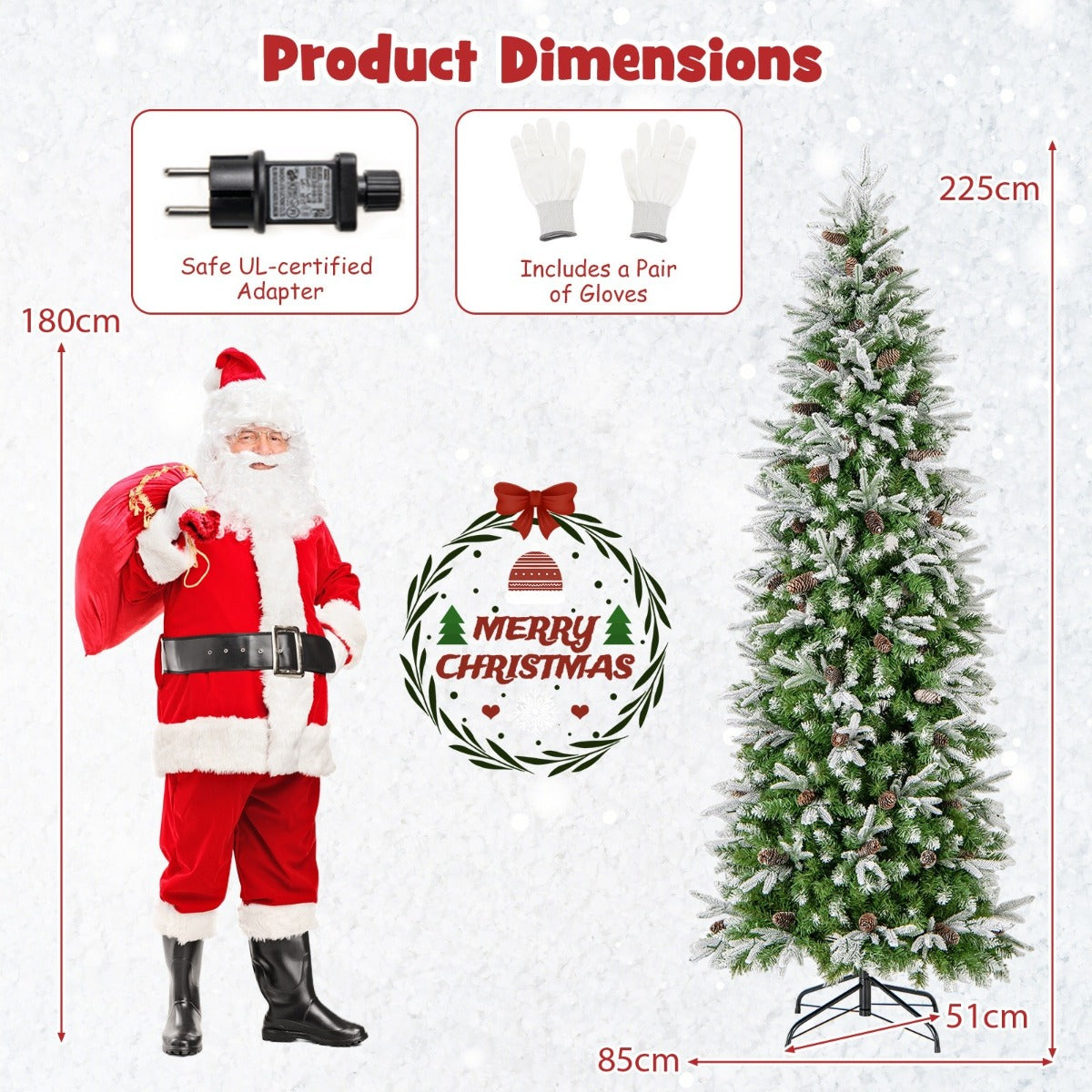 Livsk costway kunstkerstboom 225 cm kerstboom met scharnieren en sneeuwbeslag 913 takken 75 dennenappels 350 warmwitte ledlampjes 1 1