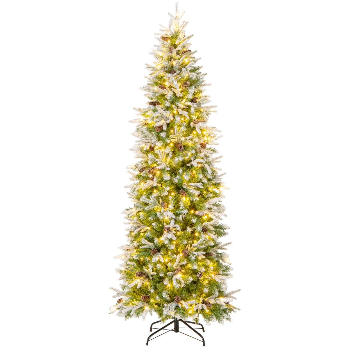 Livsk costway kunstkerstboom 225 cm kerstboom met scharnieren en sneeuwbeslag 913 takken 75 dennenappels 350 warmwitte ledlampjes
