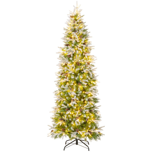 Livsk costway kunstkerstboom 225 cm kerstboom met scharnieren en sneeuwbeslag 913 takken 75 dennenappels 350 warmwitte ledlampjes