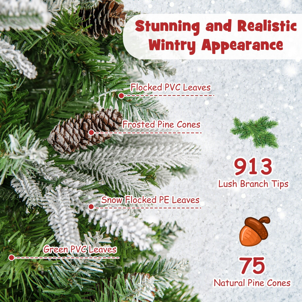 Livsk costway kunstkerstboom 225 cm kerstboom met scharnieren en sneeuwbeslag 913 takken 75 dennenappels 350 warmwitte ledlampjes 2