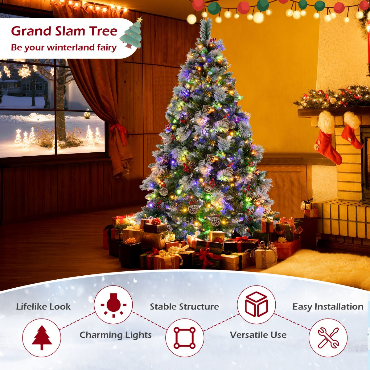 LIVSK Verlichte Kunstkerstboom - 350 LED's met 11 Modi - 747 Takken - Inclusief 55 Dennenappels en Bessen - 180 cm - Groen en Wit