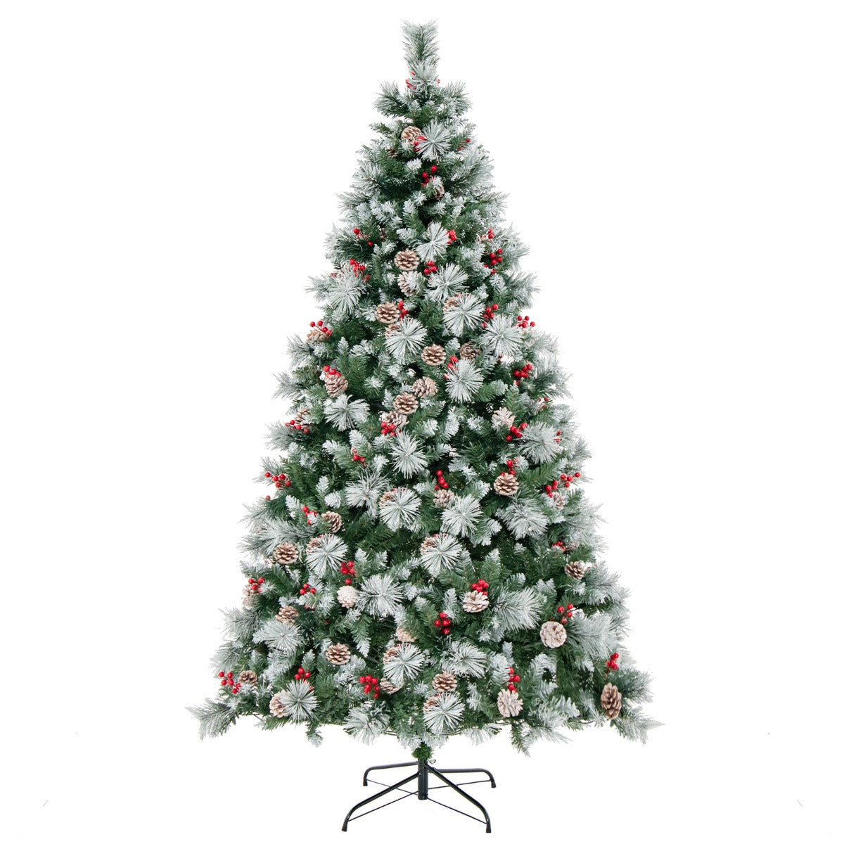 LIVSK Kunstkerstboom 210 cm - 400 LEDlampen - 11 Lichtmodi - 1116 Takpunten - Besneeuwde Dennenappels - Rode Bessen - Groen en Wit