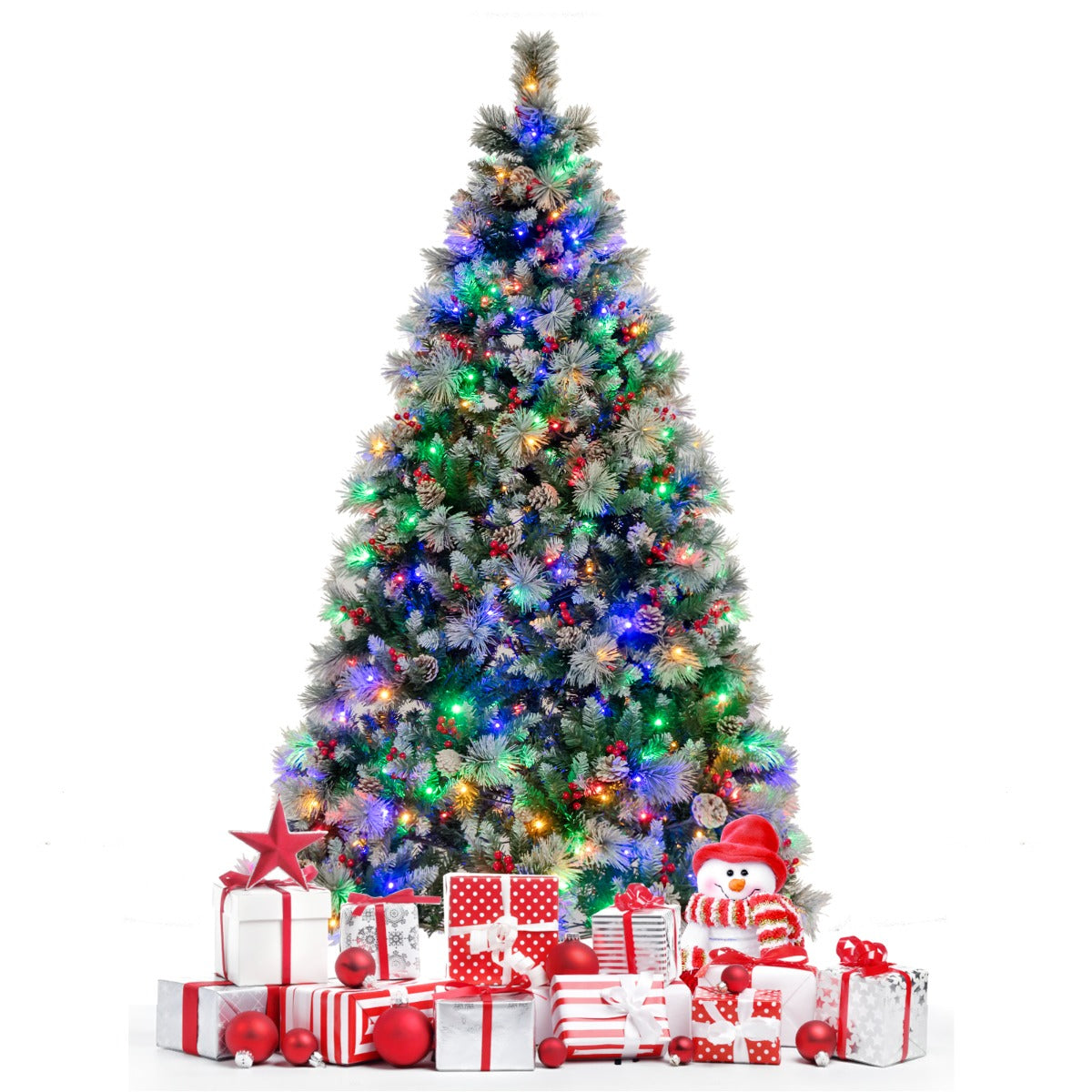 LIVSK Kunstkerstboom 210 cm - 400 LEDlampen - 11 Lichtmodi - 1116 Takpunten - Besneeuwde Dennenappels - Rode Bessen - Groen en Wit