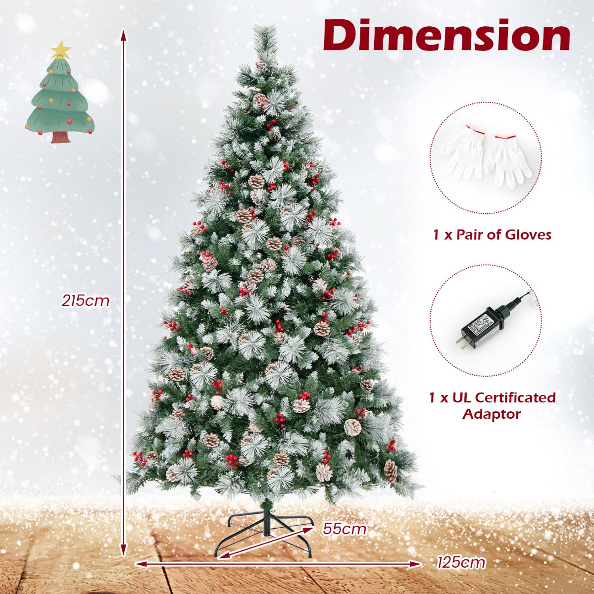 LIVSK Kunstkerstboom 210 cm - 400 LEDlampen - 11 Lichtmodi - 1116 Takpunten - Besneeuwde Dennenappels - Rode Bessen - Groen en Wit