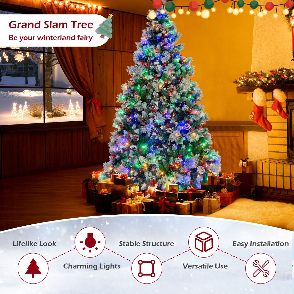 LIVSK Kunstkerstboom 210 cm - 400 LEDlampen - 11 Lichtmodi - 1116 Takpunten - Besneeuwde Dennenappels - Rode Bessen - Groen en Wit