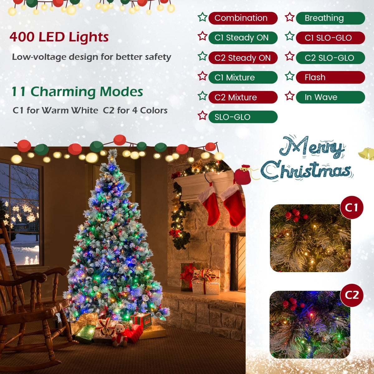 LIVSK Kunstkerstboom 210 cm - 400 LEDlampen - 11 Lichtmodi - 1116 Takpunten - Besneeuwde Dennenappels - Rode Bessen - Groen en Wit