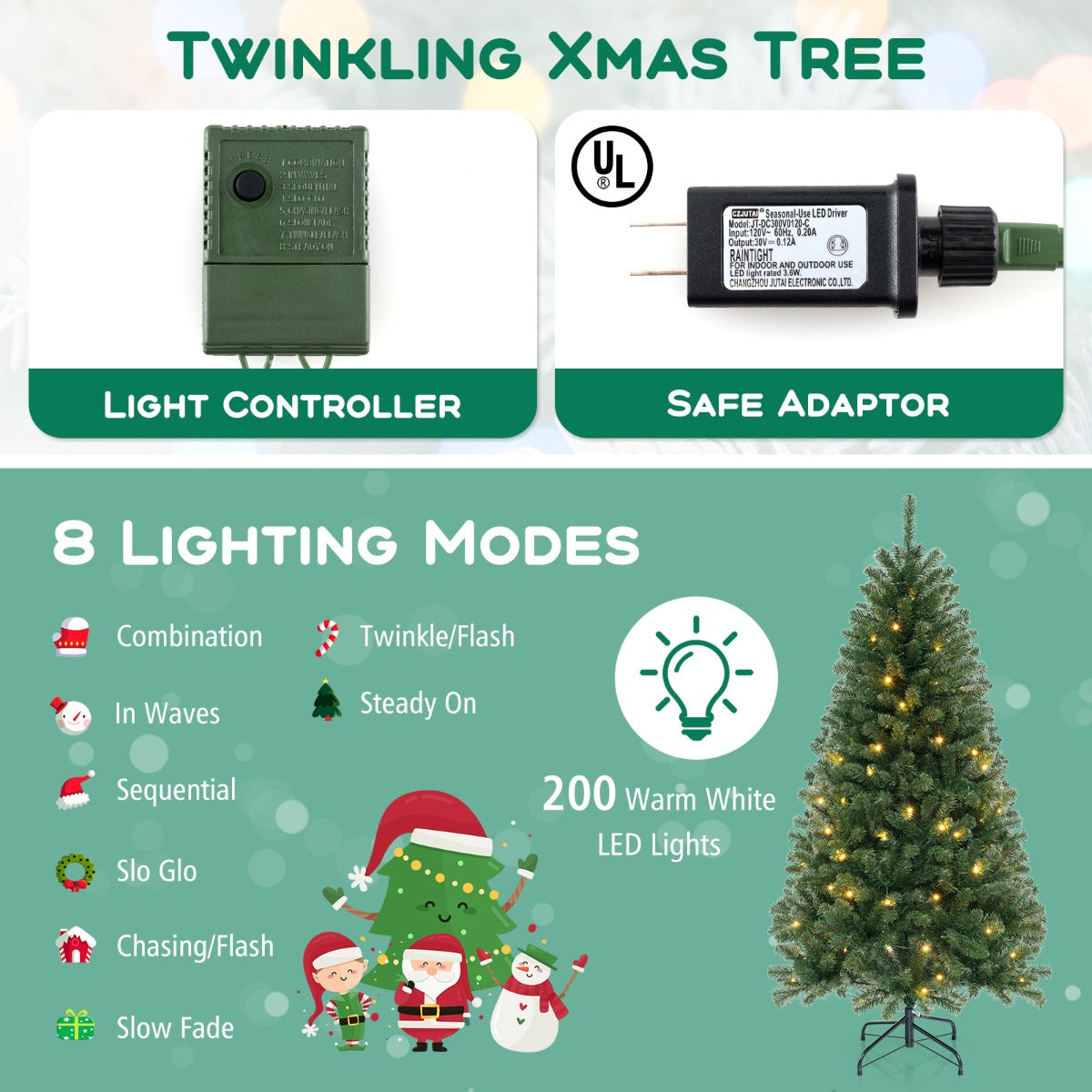 Livsk costway kunstkerstboom met 568 pvc takken 200 warmwitte ledlampjes 8 verlichtingsmodi handschoenen 3