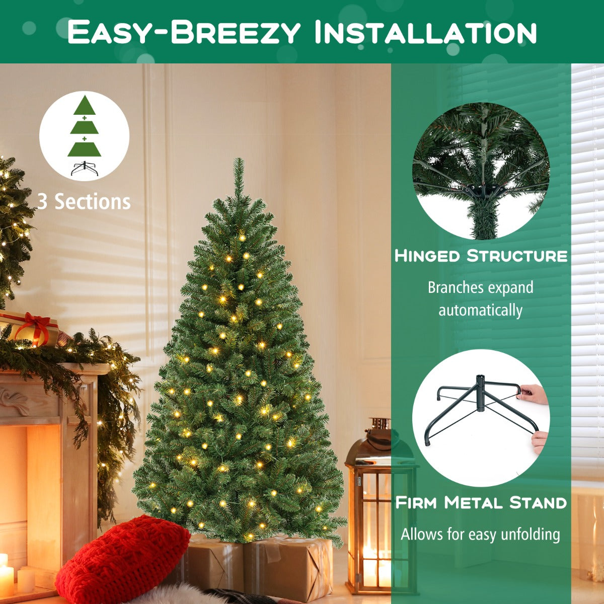 Livsk costway kunstkerstboom met 568 pvc takken 200 warmwitte ledlampjes 8 verlichtingsmodi handschoenen 5