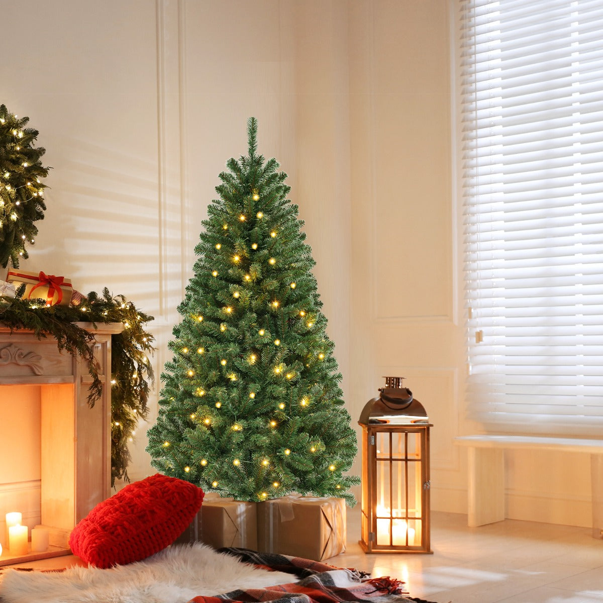 Livsk costway kunstkerstboom met 568 pvc takken 200 warmwitte ledlampjes 8 verlichtingsmodi handschoenen 6