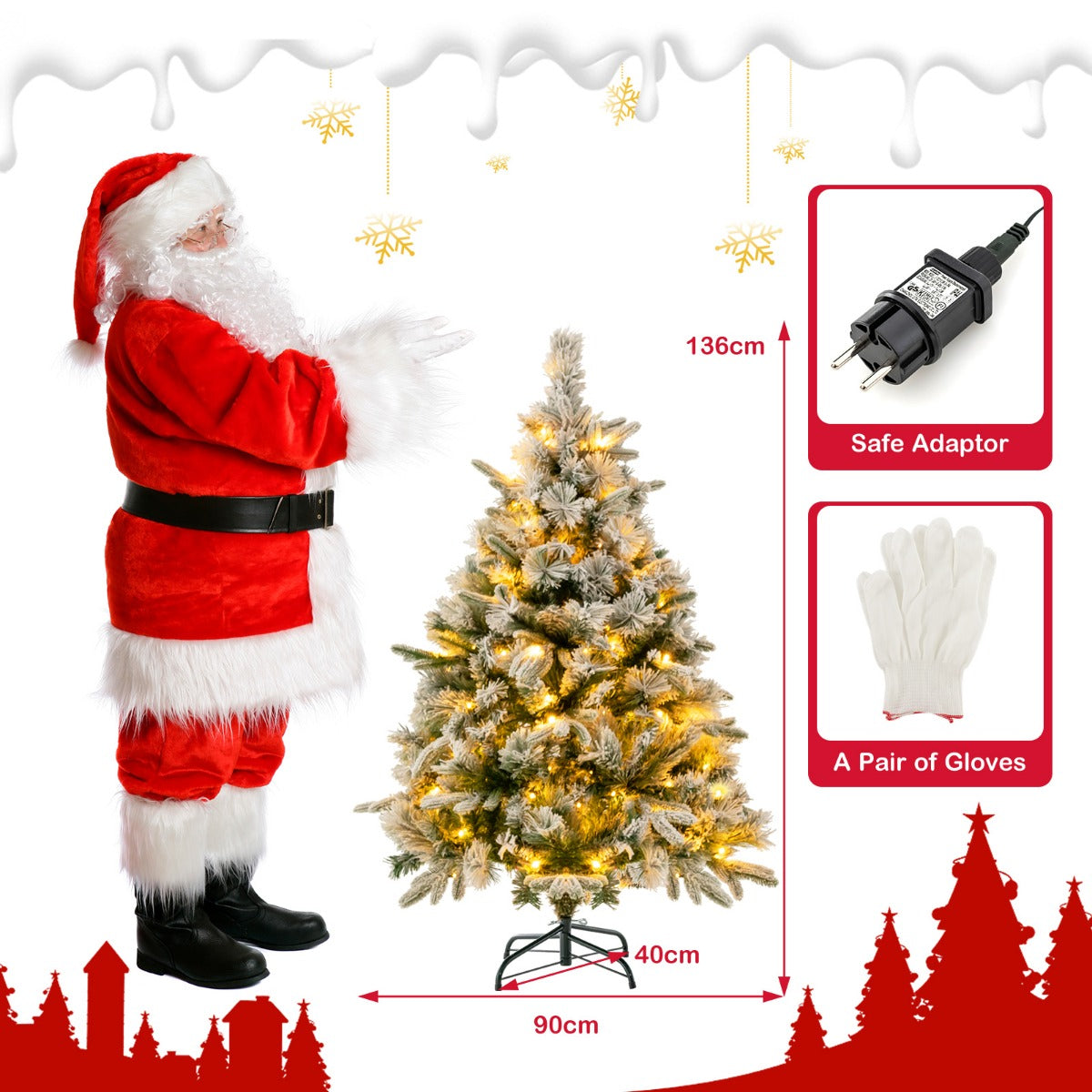 LIVSK Kunstkerstboom 136 cm - 384 takpunten - 150 Warmwitte LED-lampen - Brandwerend PE en PVC - Inklapbaar Frame - Wit en groen