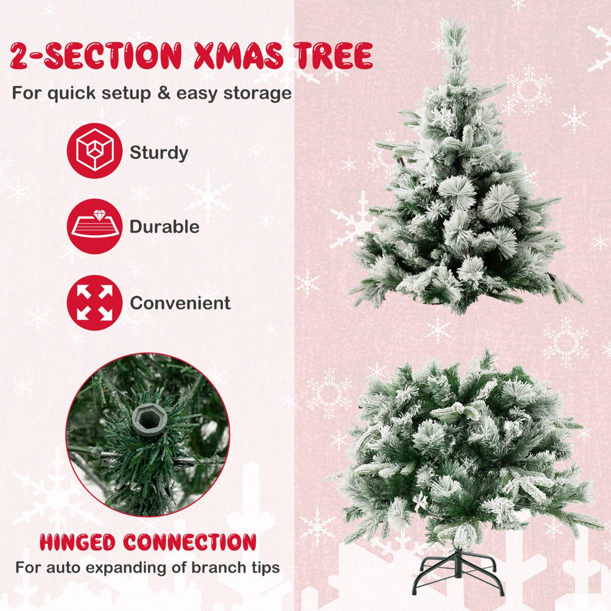 LIVSK Kunstkerstboom 136 cm - 384 takpunten - 150 Warmwitte LED-lampen - Brandwerend PE en PVC - Inklapbaar Frame - Wit en groen
