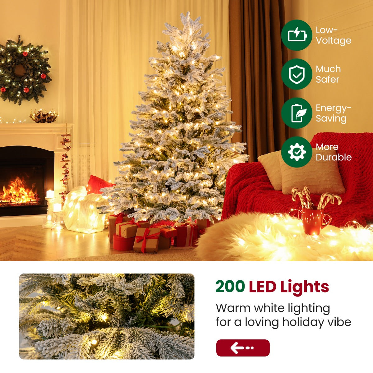 LIVSK Kunstkerstboom 135 cm - 688 Takken - 200 Warmwitte Ledlampen - Vuur- en Allergiebestendig - Eenvoudige Opbouw - Groen & Wit