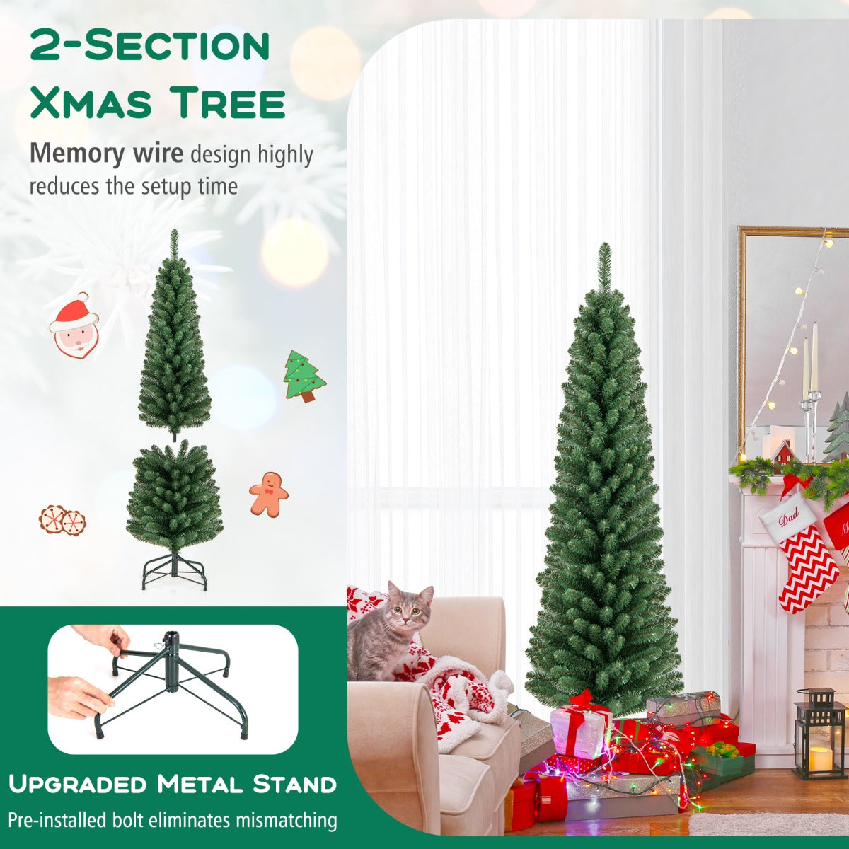 LIVSK Kunstkerstboom - Geheugendraad - Hypoallergeen - Vlamvertragend - Slanke Potloodvorm - 150/180 cm - Groen