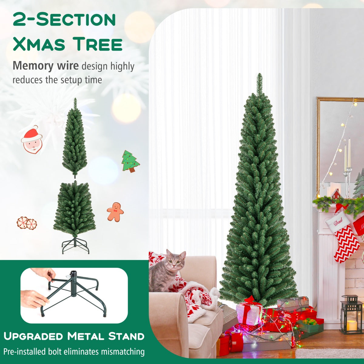 LIVSK Kunstkerstboom met Geheugendraad - Hypoallergeen en Vlamvertragend - Slanke Potloodvorm - 150 cm - Groen