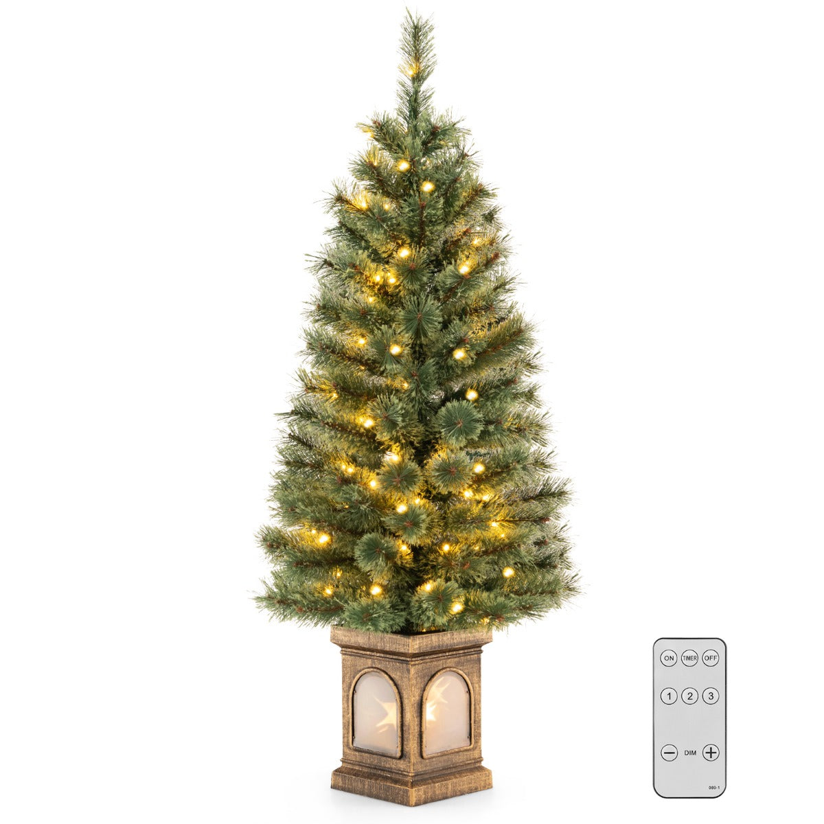 LIVSK Kunstkerstboom 120 cm - 116 Takken - 100 LED-lampjes - Afstandsbediening - Timer - Cement Gevulde Basis - Groen en goud