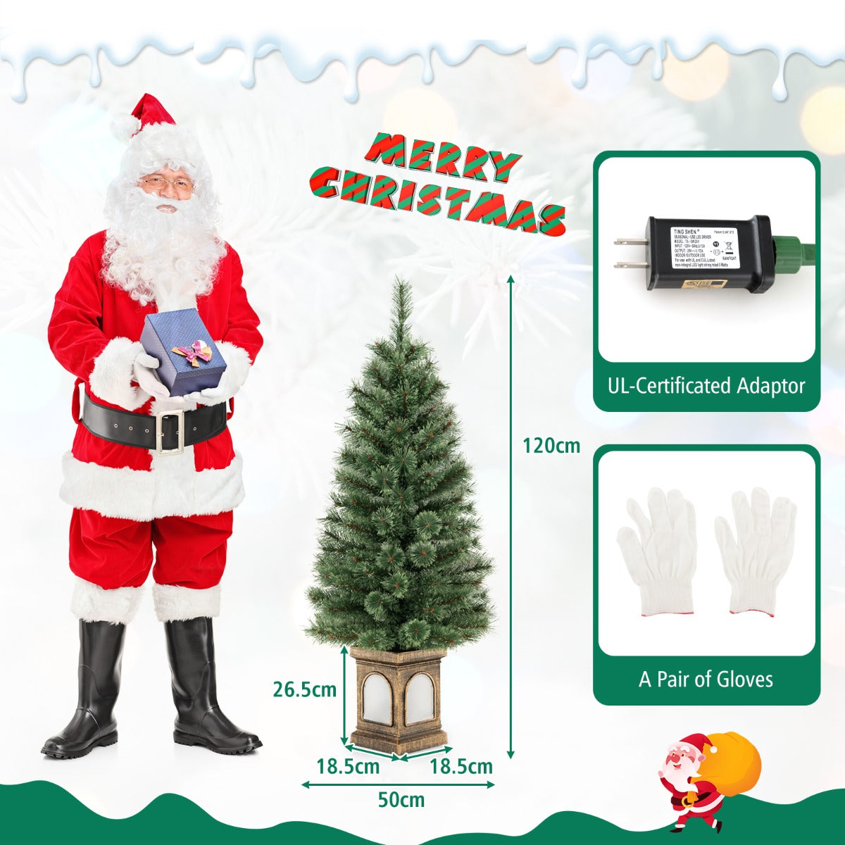 LIVSK Kunstkerstboom 120 cm - 116 Takken - 100 LED-lampjes - Afstandsbediening - Timer - Cement Gevulde Basis - Groen en goud