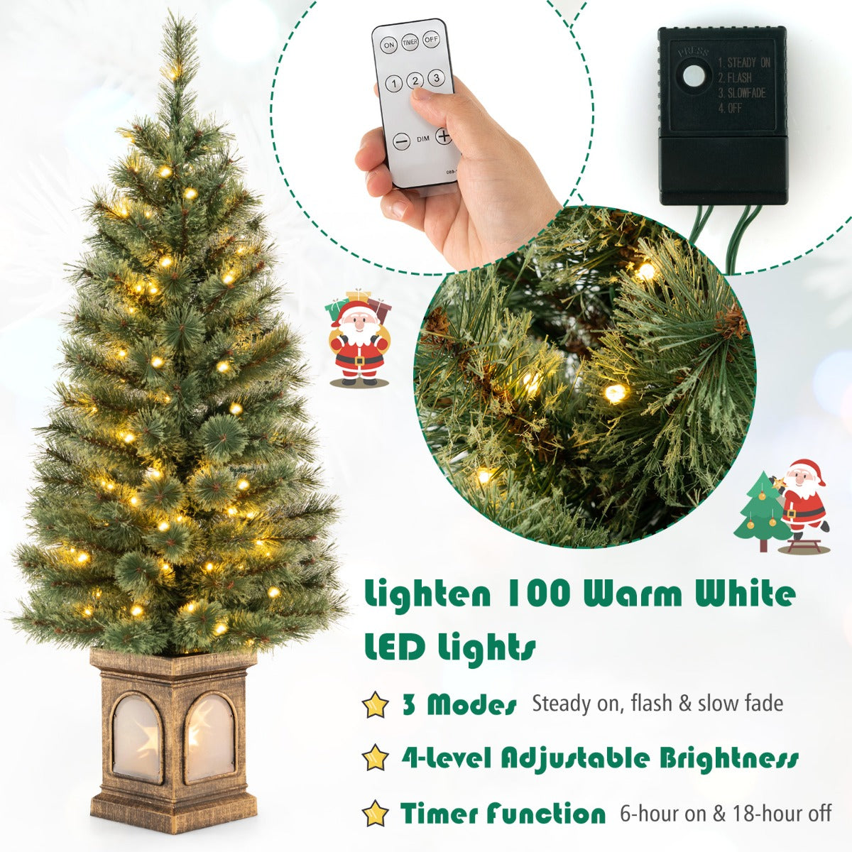 LIVSK Kunstkerstboom 120 cm - 116 Takken - 100 LED-lampjes - Afstandsbediening - Timer - Cement Gevulde Basis - Groen en goud