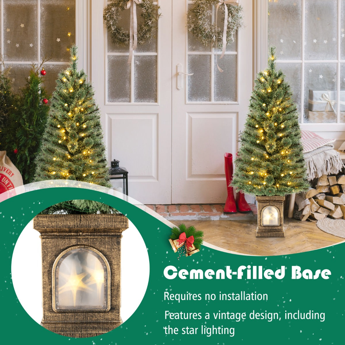 LIVSK Kunstkerstboom 120 cm - 116 Takken - 100 LED-lampjes - Afstandsbediening - Timer - Cement Gevulde Basis - Groen en goud