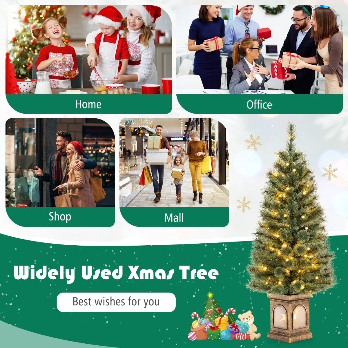 LIVSK Kunstkerstboom 120 cm - 116 Takken - 100 LED-lampjes - Afstandsbediening - Timer - Cement Gevulde Basis - Groen en goud