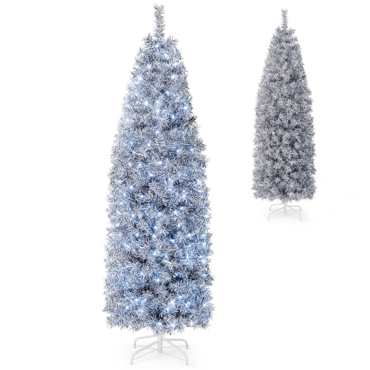 LIVSK Kunstkerstboom 180 cm - 475 Takpunten - 250 Koelwitte LED-lampjes - Scharnierstructuur - Slanke Potloodvorm - Wit-Zwart