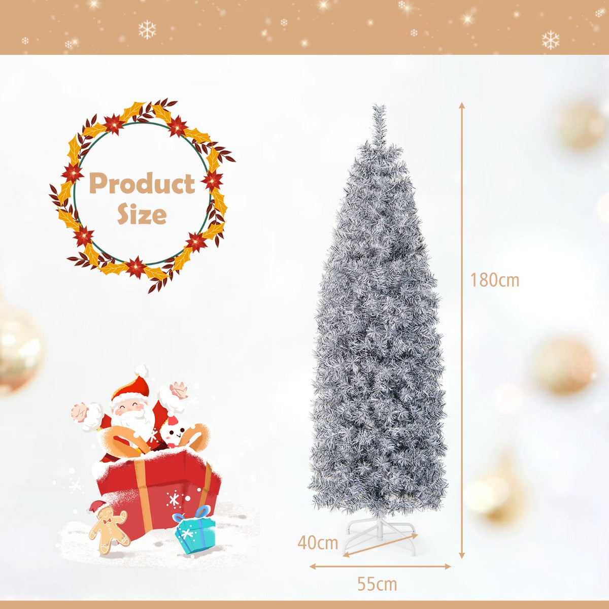 LIVSK Kunstkerstboom 180 cm - 475 Takpunten - 250 Koelwitte LED-lampjes - Scharnierstructuur - Slanke Potloodvorm - Wit-Zwart