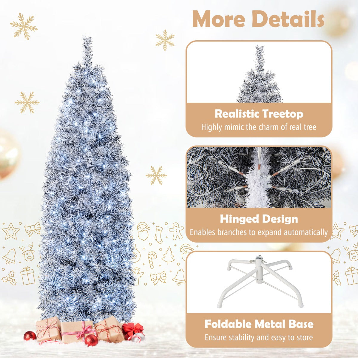 LIVSK Kunstkerstboom 180 cm - 475 Takpunten - 250 Koelwitte LED-lampjes - Scharnierstructuur - Slanke Potloodvorm - Wit-Zwart