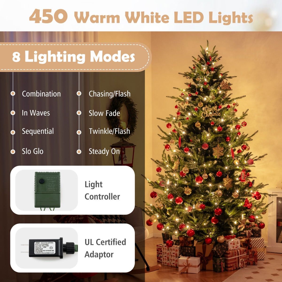 Livsk costway kunstkerstboom van 240 cm 1480 takken 450 warmwitte leds vooraf verlichte decoratieboom 3