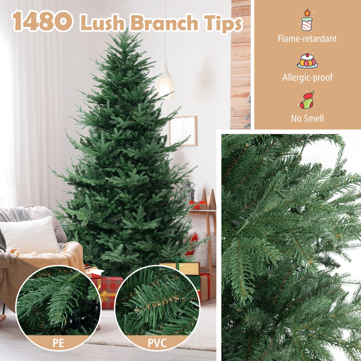 Livsk costway kunstkerstboom van 240 cm 1480 takken 450 warmwitte leds vooraf verlichte decoratieboom 4