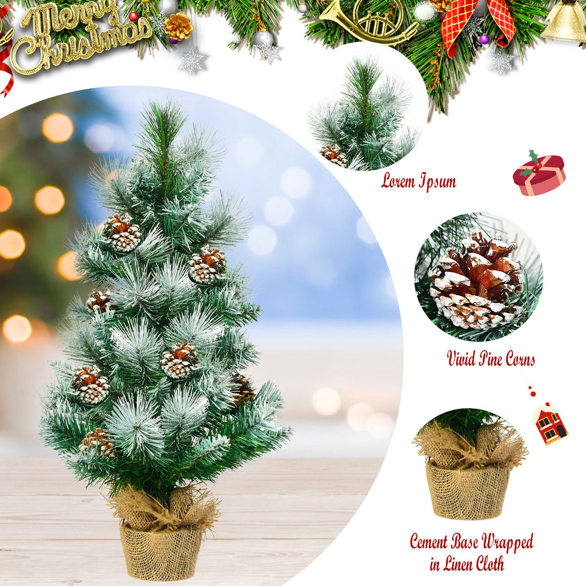 LIVSK Mini Kunstkerstboom 60 cm - Besneeuwde Naalden - Stabiele Cementbasis - Eenvoudig te Versieren - Groen