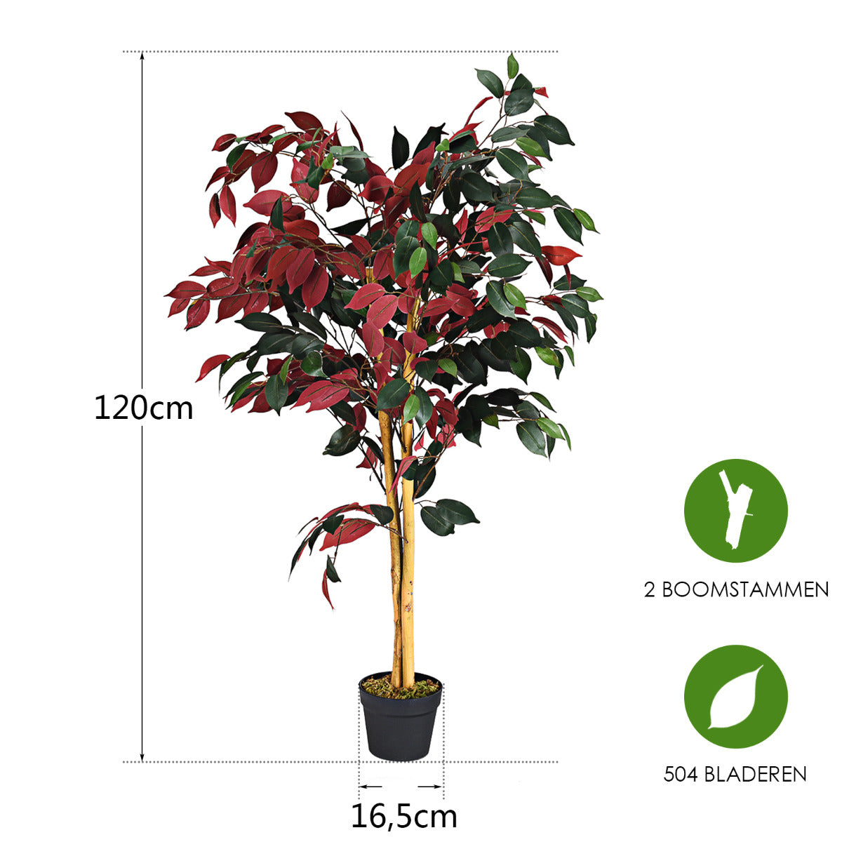 LIVSK Kunstficus - 120 cm Hoog - 2 Stammen - 504 Bladeren - Onderhoudsvrij - Stabiliteit met Cementbasis - Groen en Rood