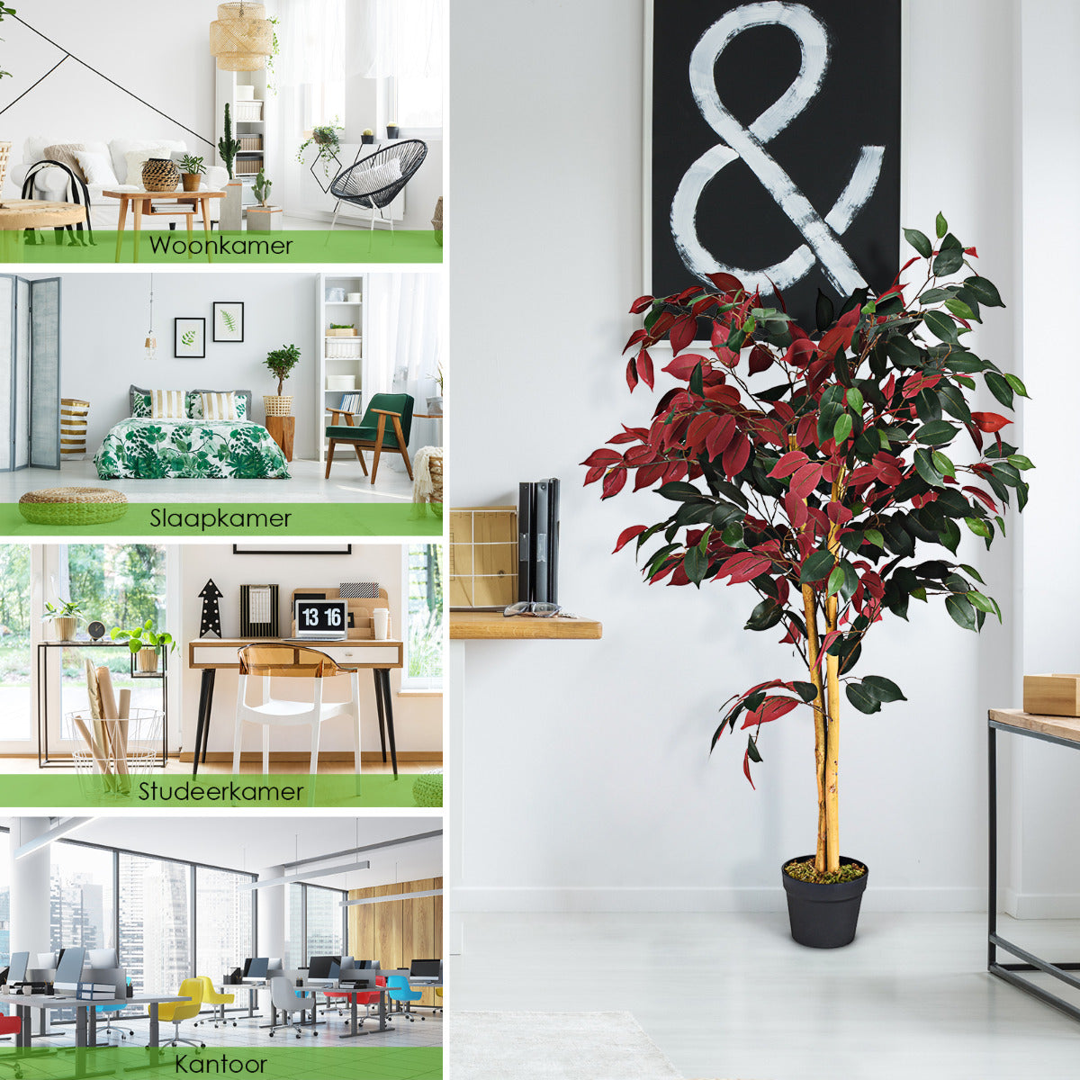 LIVSK Kunstficus - 120 cm Hoog - 2 Stammen - 504 Bladeren - Onderhoudsvrij - Stabiliteit met Cementbasis - Groen en Rood