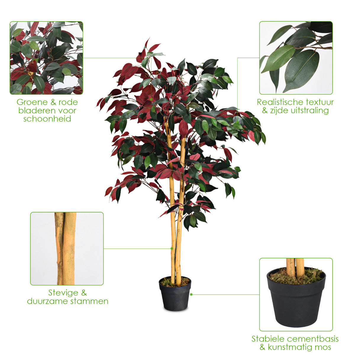 LIVSK Kunstficus - 120 cm Hoog - 2 Stammen - 504 Bladeren - Onderhoudsvrij - Stabiliteit met Cementbasis - Groen en Rood
