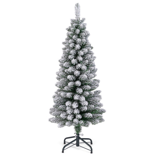 LIVSK Kunstkerstboom met Sneeuw - Potloodvormig 150 cm - 240 Takpunten - Brandvertragend PVC - Inklapbare Standaard - Groen