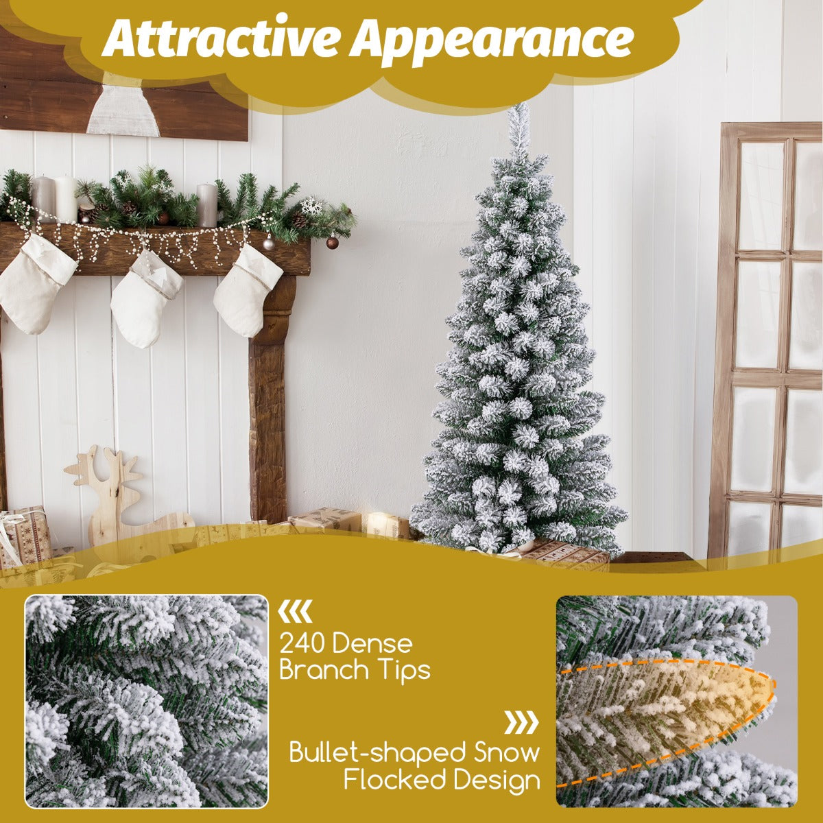 LIVSK Kunstkerstboom met Sneeuw - Potloodvormig 150 cm - 240 Takpunten - Brandvertragend PVC - Inklapbare Standaard - Groen