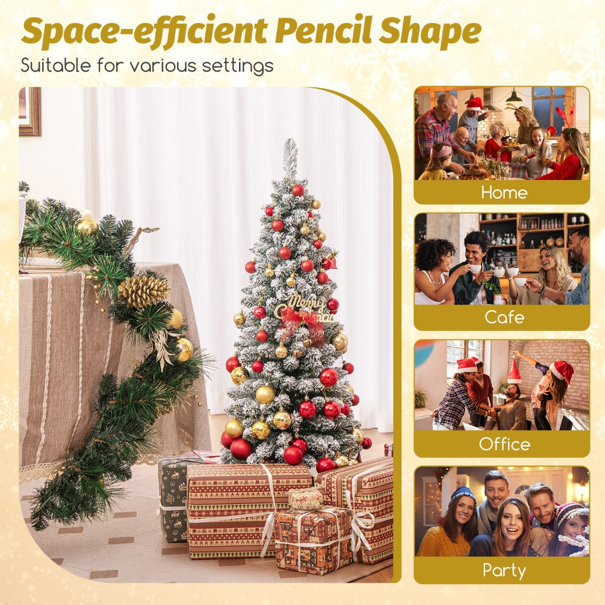 LIVSK Kunstkerstboom met Sneeuw - Potloodvormig 150 cm - 240 Takpunten - Brandvertragend PVC - Inklapbare Standaard - Groen