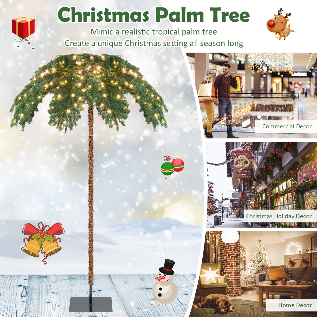 LIVSK Kunstmatige Palmboom Kerstboom - 250 Warm Witte Lampjes - 813 Takken - 135 x 180 cm - Tropisch Groen