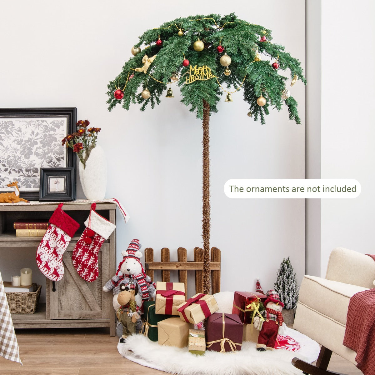 LIVSK Kunstmatige Palmboom Kerstboom - 250 Warm Witte Lampjes - 813 Takken - 135 x 180 cm - Tropisch Groen