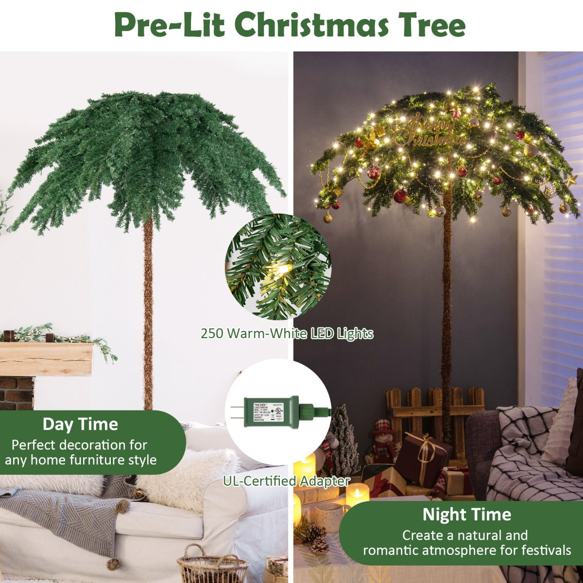 LIVSK Kunstmatige Palmboom Kerstboom - 250 Warm Witte Lampjes - 813 Takken - 135 x 180 cm - Tropisch Groen