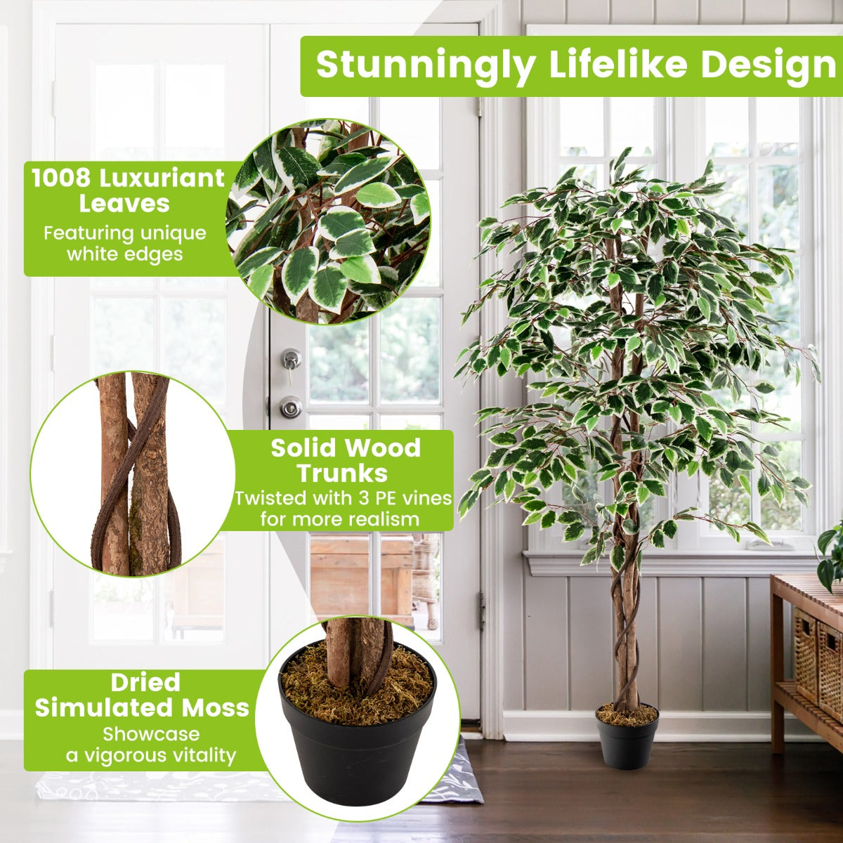 LIVSK Kunstmatige Ficus Boom 160 cm - 1008 Bladeren - Levensechte Houten Stam - Hypoallergeen - Cementgevulde Voet - Groen