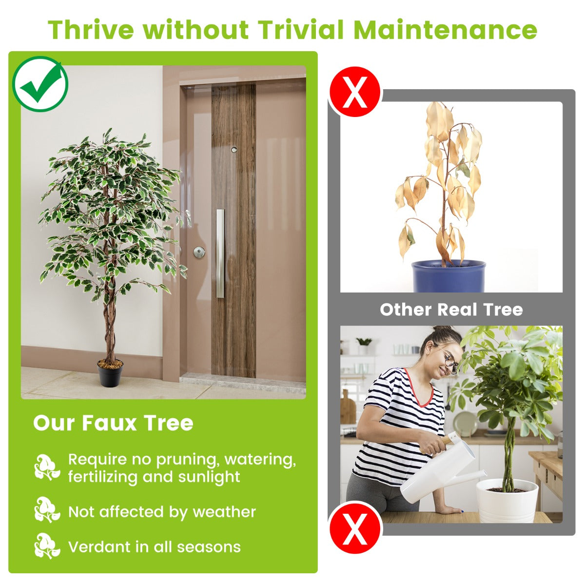 LIVSK Kunstmatige Ficus Boom 160 cm - 1008 Bladeren - Levensechte Houten Stam - Hypoallergeen - Cementgevulde Voet - Groen