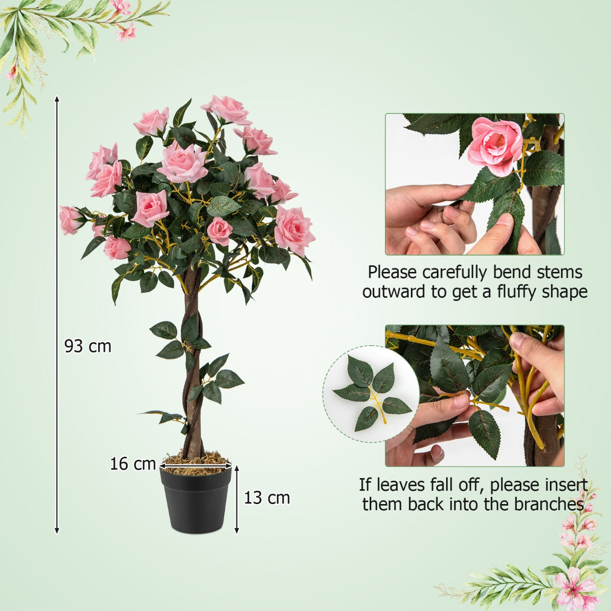 LIVSK Kunstbloemenboom 93 cm - 21 Rozen - 259 Bladeren - Ondersteund door Houten Stam - Onderhoudsvrij - Groen