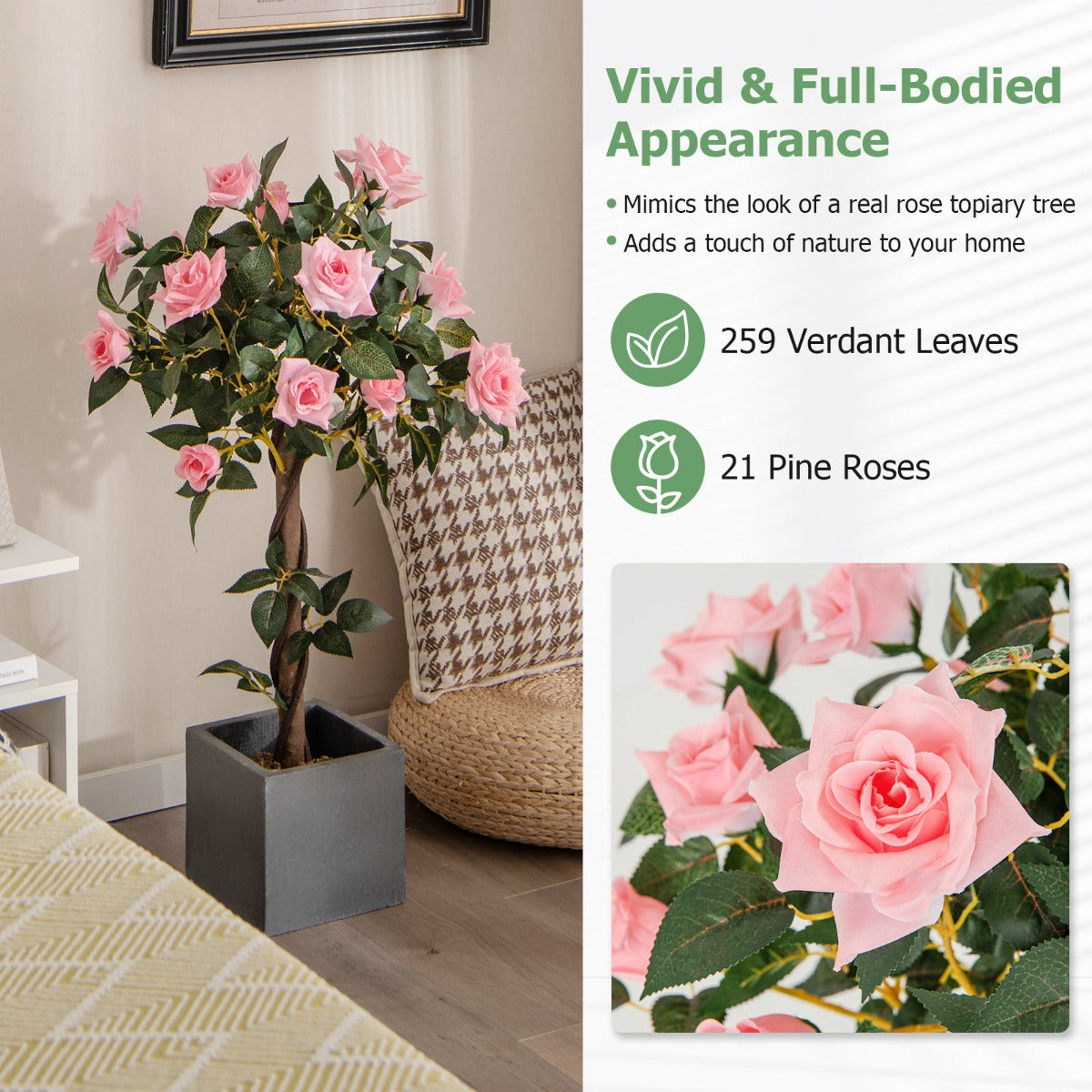 LIVSK Kunstbloemenboom 93 cm - 21 Rozen - 259 Bladeren - Ondersteund door Houten Stam - Onderhoudsvrij - Groen