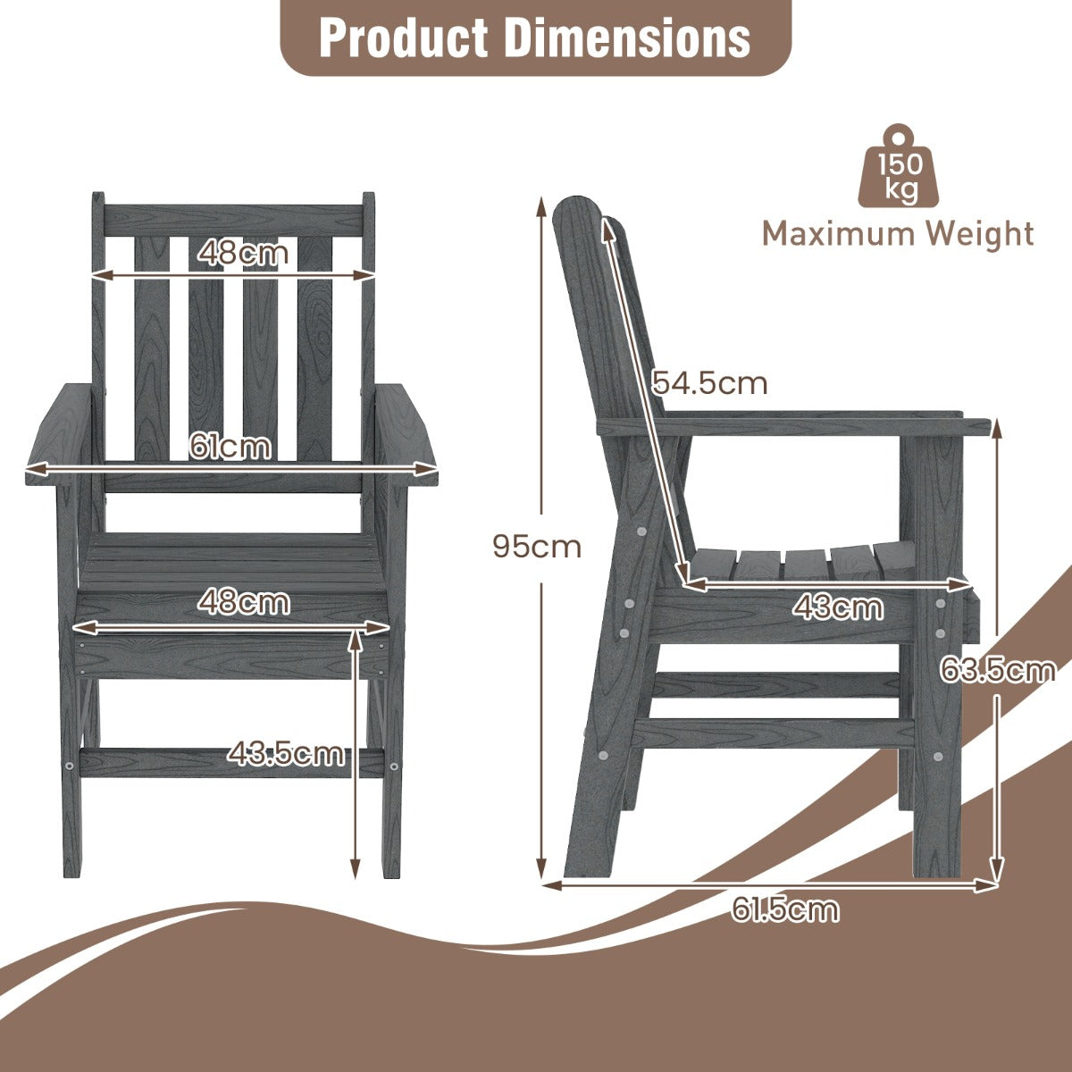LIVSK Weerbestendige Tuinstoel - HDPE Materiaal - Hoge Rugleuning - Ergonomisch Ontwerp - Tot 150 kg - 61 x 61,5 x 95 cm - Grijs